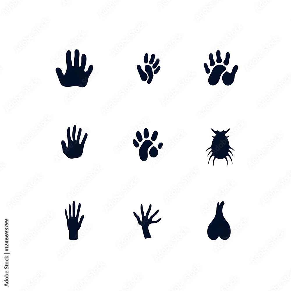 Fototapeta premium Collection of Handprints and Animal Paw Prints in Dark Silhouette Style