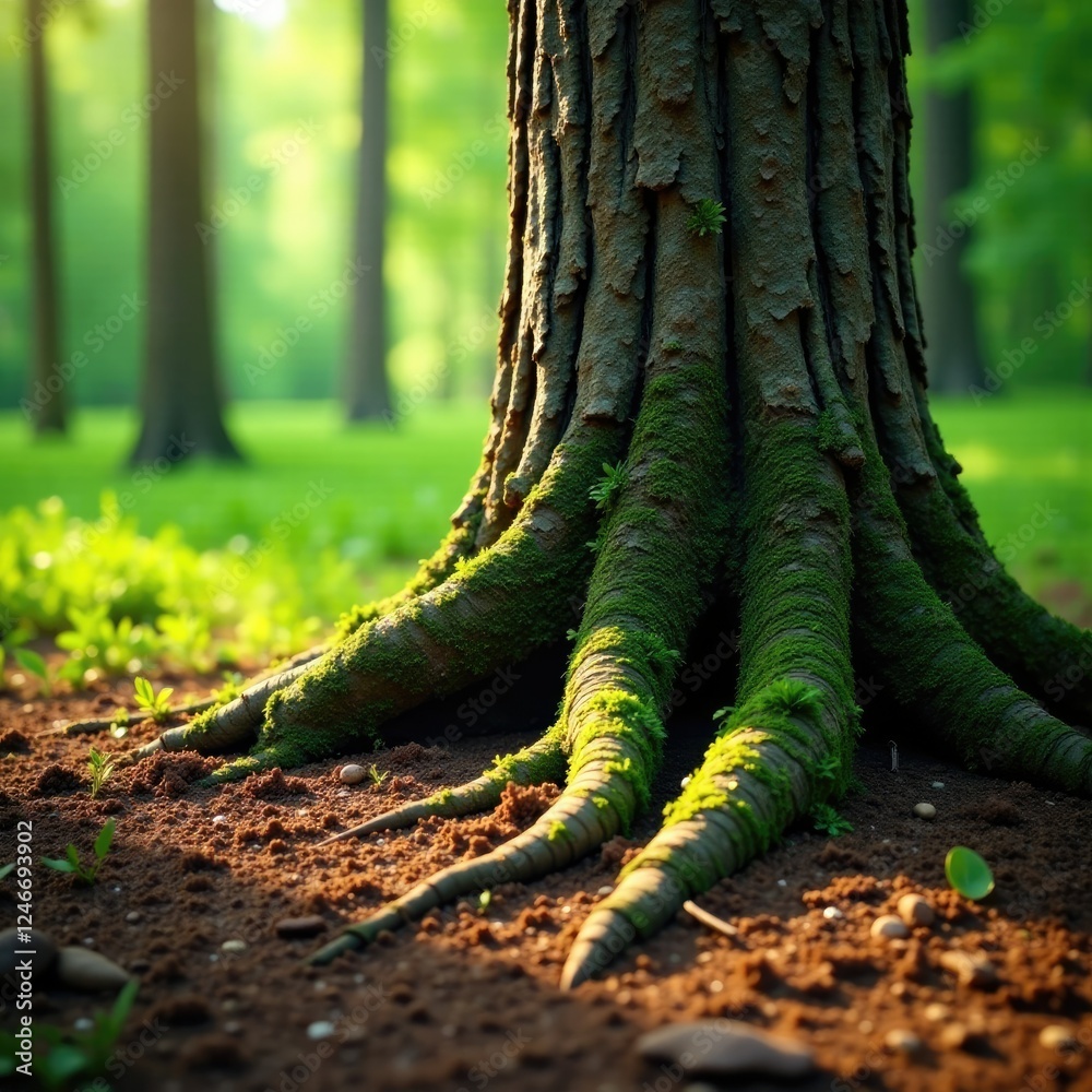 pine tree's roots visible through the earthy soil, forest, bark, evergreen pine tree's roots visible through the earthy soil, forest, bark, evergreen