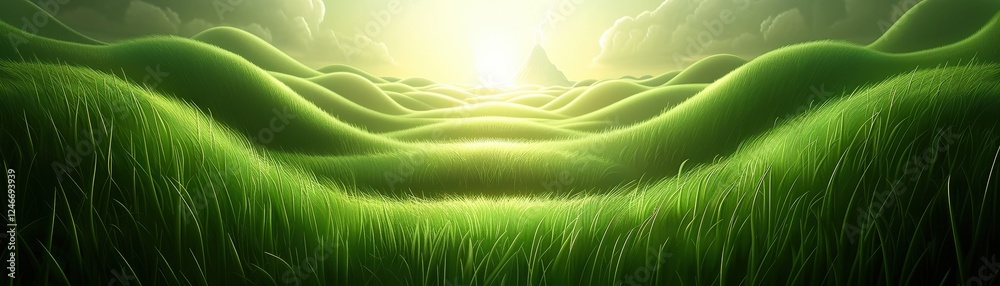 Obraz premium A serene landscape of rolling green hills bathed in soft sunlight, evoking a sense of tranquility and natural beauty.