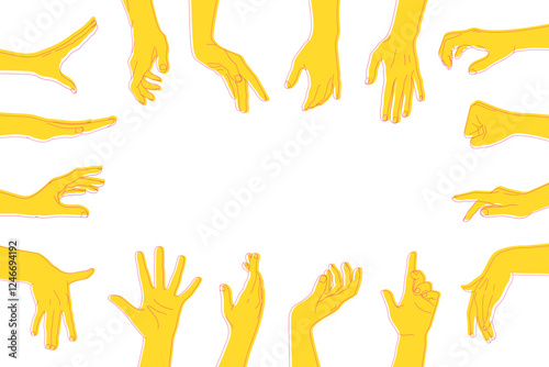 Reaching hands with different gestures around the background with empty space for text. Human hands gestures on white background. Vector