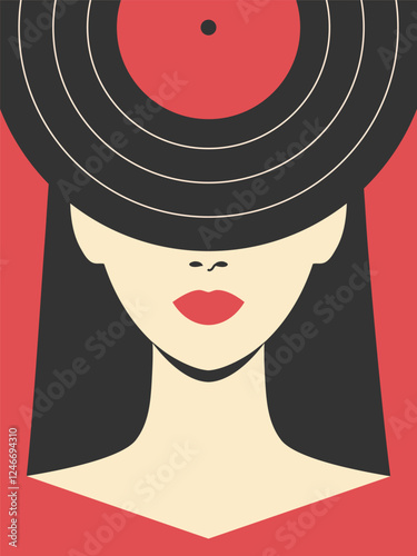 Abstract minimalist poster with woman face in vinyl record hat covering her eyes. Music festival poster template in retro style. Vector illustration