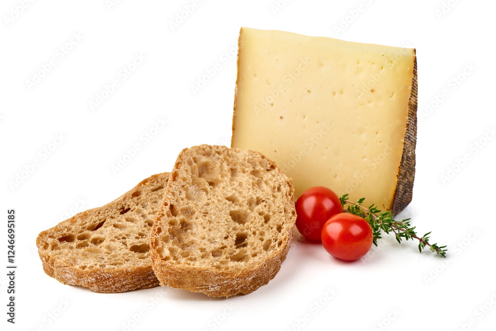 Rustic cheese wedge, isolated on white background. Rustic cheese wedge, isolated on white background.