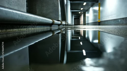 An old basement pipe ruptures, flooding the concrete floor with murky water, symbolizing the need for immediate plumbing intervention.