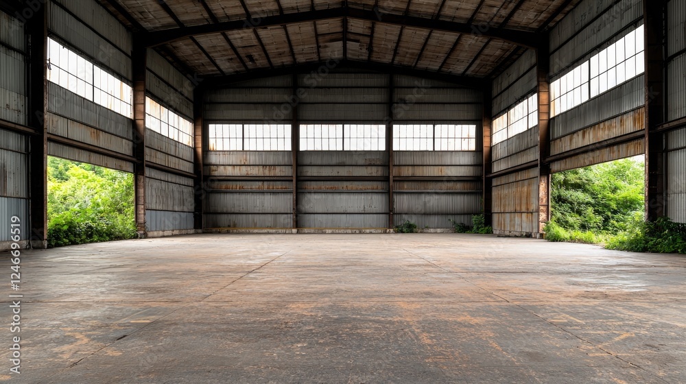 Empty industrial warehouse, overgrown exterior, daytime Empty industrial warehouse, overgrown exterior, daytime