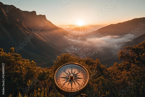 A compass pointing towards the rising sun.