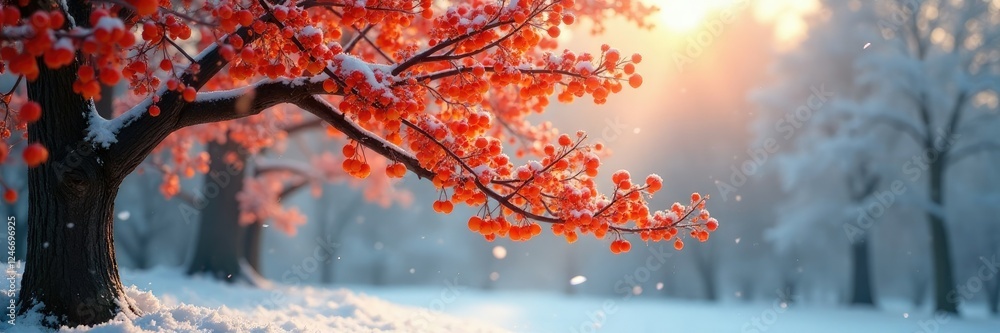 Persimmon tree sways in the soft morning snow, serenity, twig Persimmon tree sways in the soft morning snow, serenity, twig