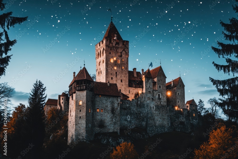 Mystical castle illuminated under a starry night sky in a scenic landscape Mystical castle illuminated under a starry night sky in a scenic landscape