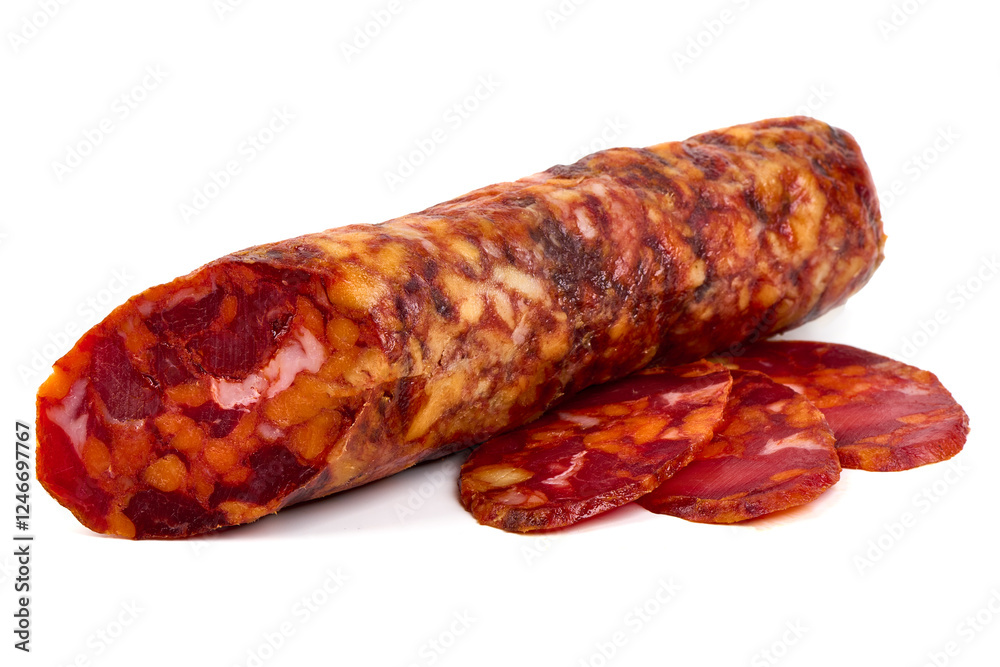 Spanish pork chorizo sausage, close-up, isolated on white background Spanish pork chorizo sausage, close-up, isolated on white background