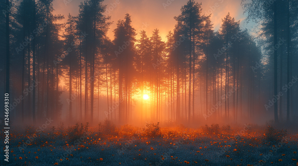 Sunrise over a misty forest with vibrant flowers in the foreground and trees in silhouette Sunrise over a misty forest with vibrant flowers in the foreground and trees in silhouette