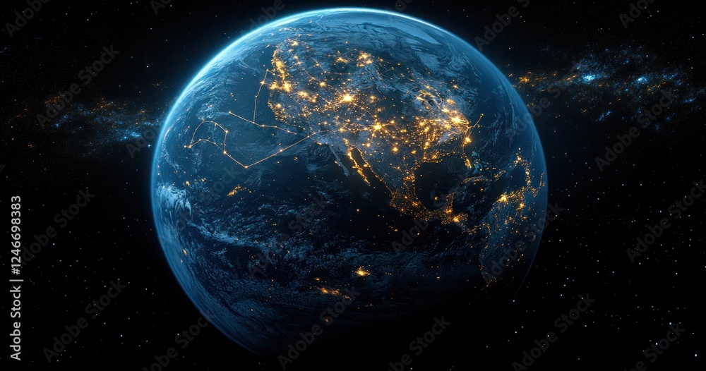 Obraz premium Global Connection of Earth in Cyberspace with Digital Communication and Networking Visualization