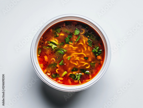 Warm servierte Nudelsuppe in minimalistischem, modernem Ambiente

 photo