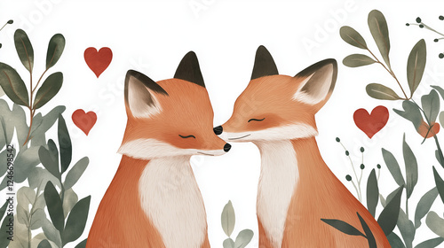 Romantic fox couple surrounded by hearts and foliage in a charming woodland setting during springtime