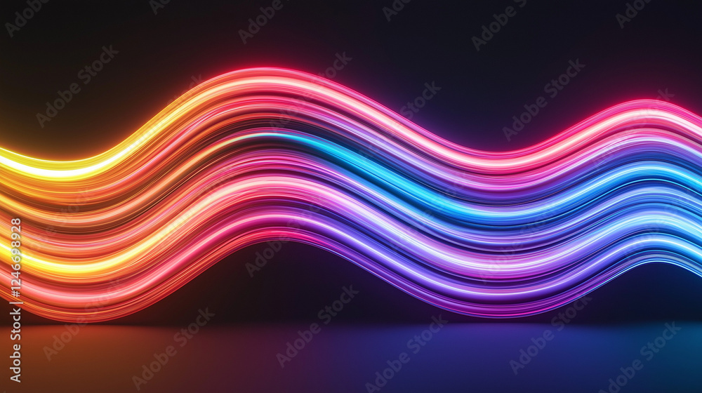 Close up of vibrant neon rainbow colored wavy glass lines illuminated against a dark backdrop Close up of vibrant neon rainbow colored wavy glass lines illuminated against a dark backdrop