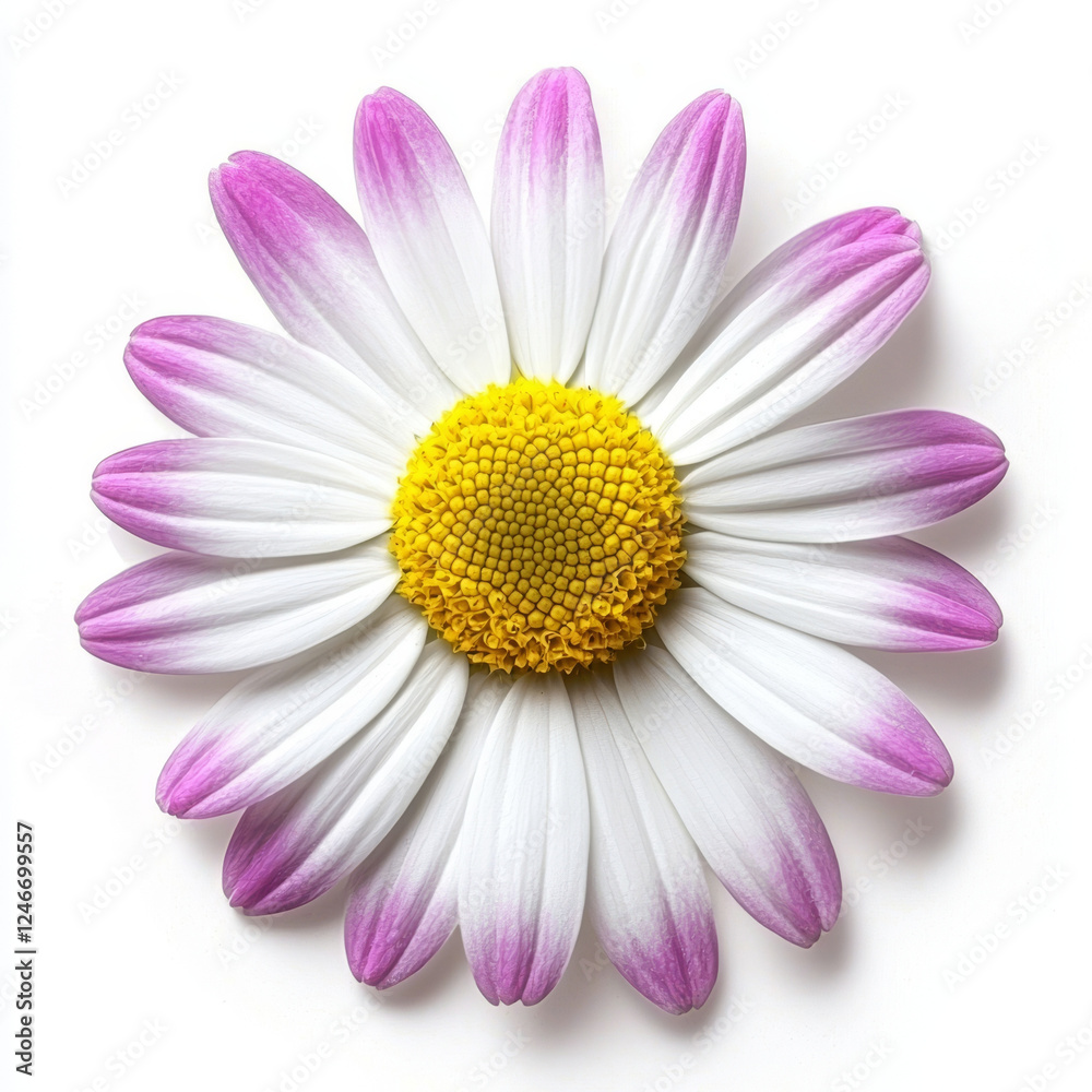 Isolated daisy with white petals tipped with pink and a bright yellow center on white. Isolated daisy with white petals tipped with pink and a bright yellow center on white.