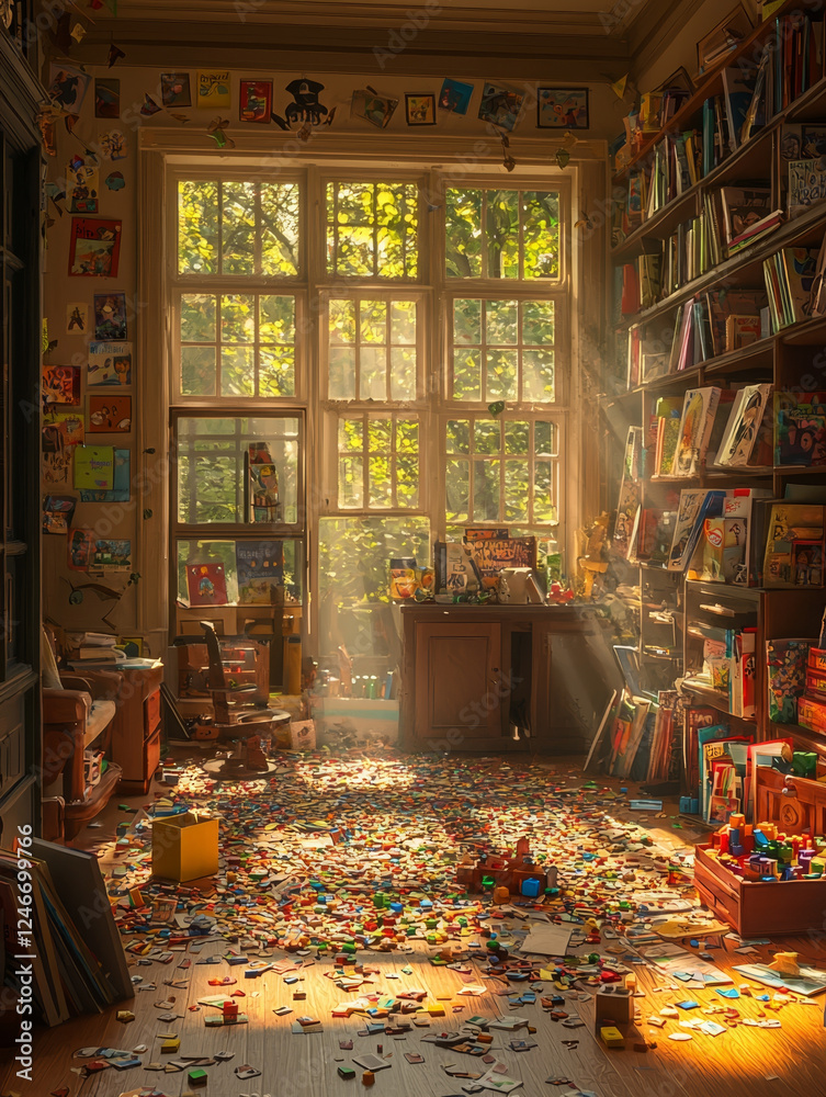 Fototapeta premium Sunlit playroom chaos: a vast collection of colorful bricks scattered across a wooden floor near overflowing bookshelves.