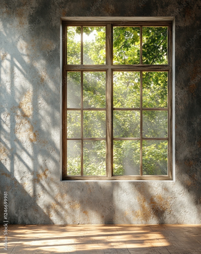 Fototapeta premium Minimalist Living Room with Textured Gray Wall and Warm Sunlight