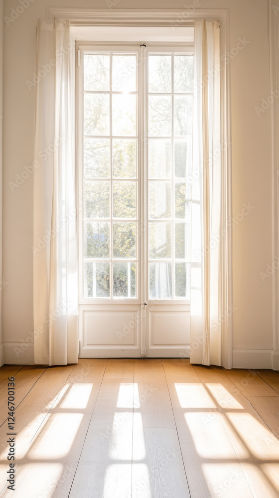 Fototapeta premium Sunlit interior space with elegant french doors and flowing curtains for home design inspiration