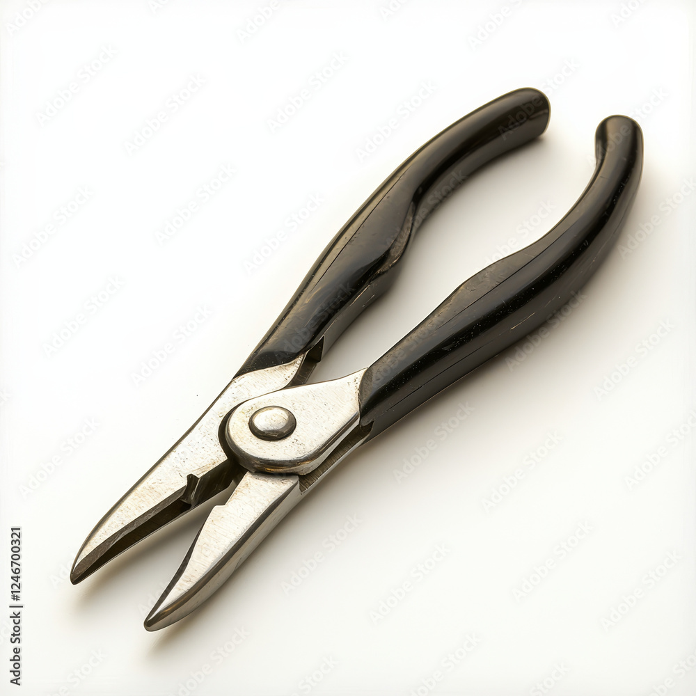 Black-handled pliers with metal jaws rest diagonally on a stark white surface, casting subtle shadows. Black-handled pliers with metal jaws rest diagonally on a stark white surface, casting subtle shadows.