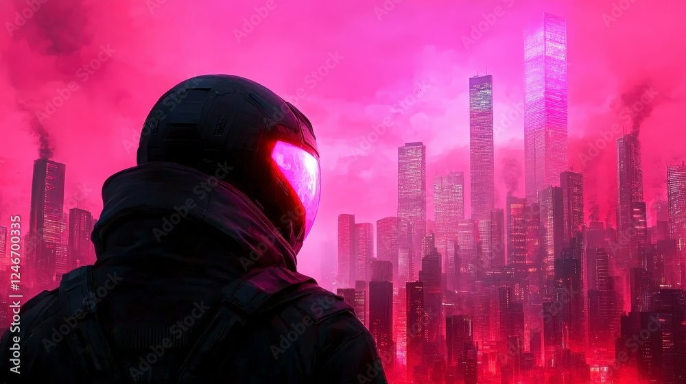 Futuristic Cityscape with Astronaut in Neon Pink Sky and Urban Landscape View Futuristic Cityscape with Astronaut in Neon Pink Sky and Urban Landscape View