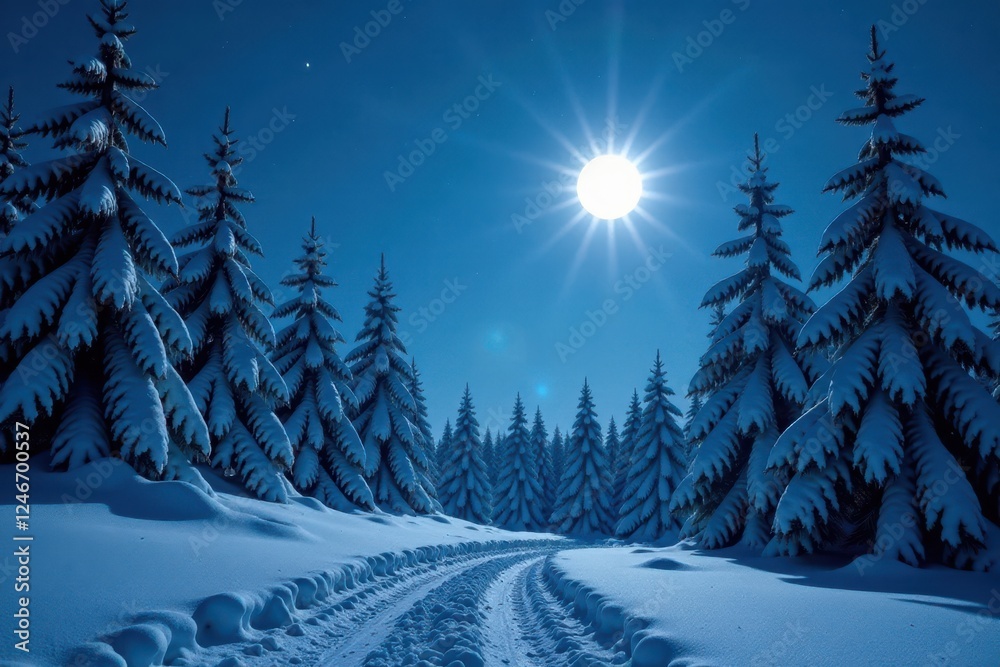 Snow-covered pine trees sparkle under the light of a full moon, mystical, winter wonderland