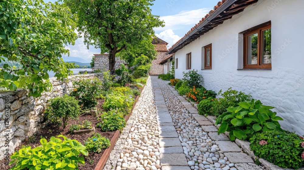 Cobblestone path, garden, lake view, historic building Cobblestone path, garden, lake view, historic building