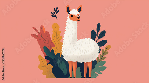 Llama standing among colorful foliage with a playful expression in a vibrant illustration
