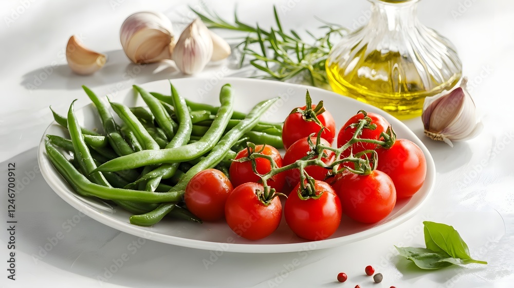 Photorealistic image of fresh green beans and cherry tomatoes, ideal for healthy and vegan food themes Photorealistic image of fresh green beans and cherry tomatoes, ideal for healthy and vegan food themes