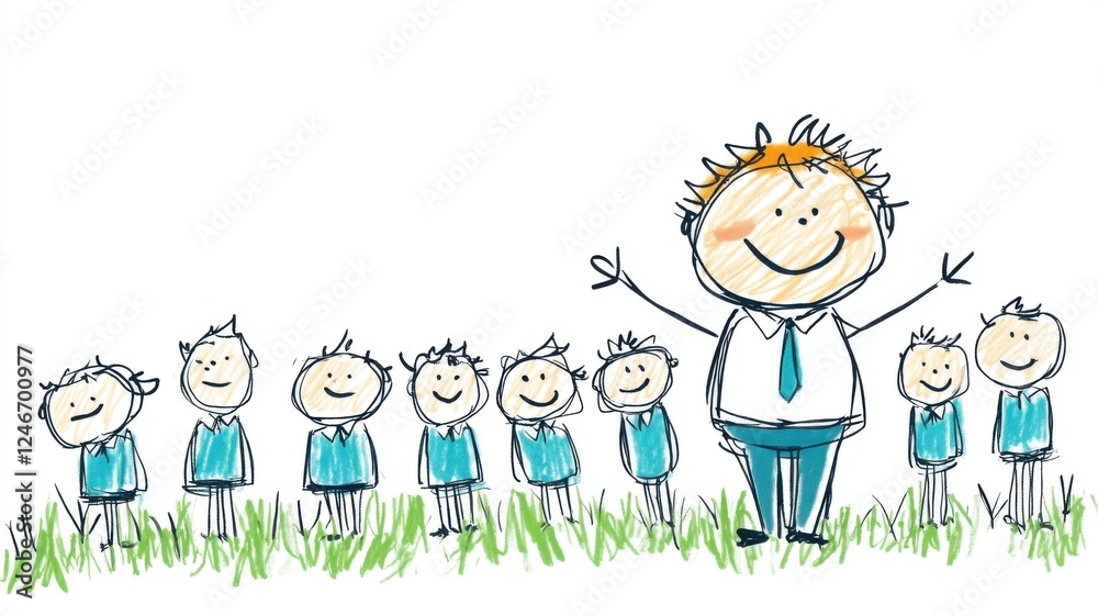 Cheerful Group of Cartoon Children in Blue Shirts Smiling Together in a Playful Outdoor Setting Cheerful Group of Cartoon Children in Blue Shirts Smiling Together in a Playful Outdoor Setting