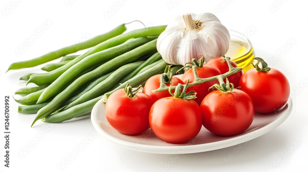 Photorealistic image of fresh green beans and cherry tomatoes, showcasing healthy eating, organic produce, and vibrant food photography Photorealistic image of fresh green beans and cherry tomatoes, showcasing healthy eating, organic produce, and vibrant food photography