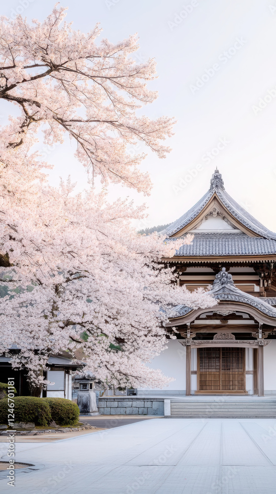 Tranquil view of tall cherry blossom tree near traditional japanese temple Tranquil view of tall cherry blossom tree near traditional japanese temple