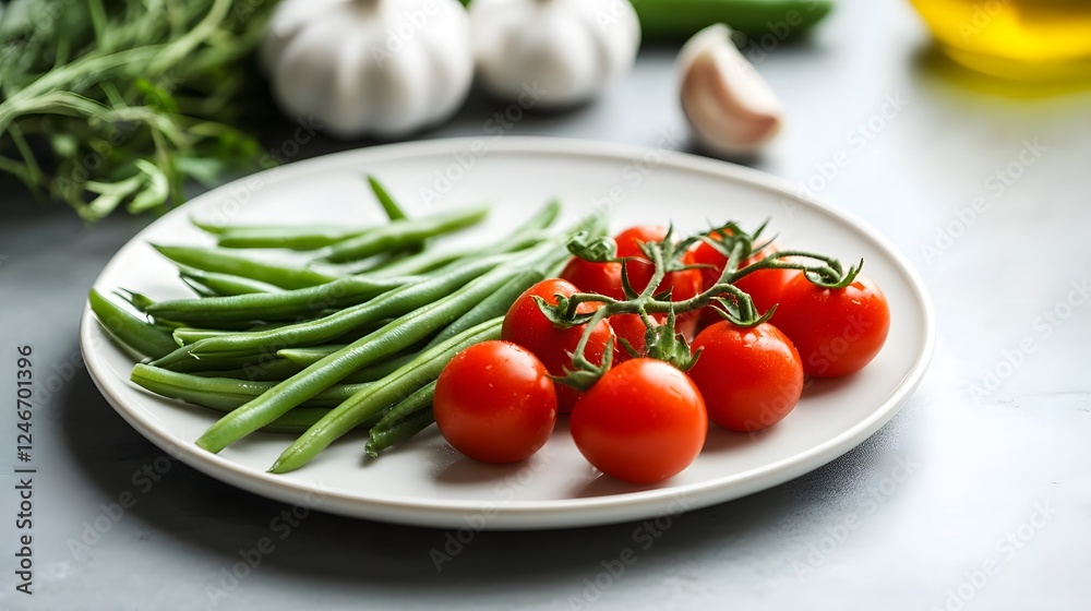 Fresh green beans and cherry tomatoes, perfect for healthy and vegan food themes Fresh green beans and cherry tomatoes, perfect for healthy and vegan food themes