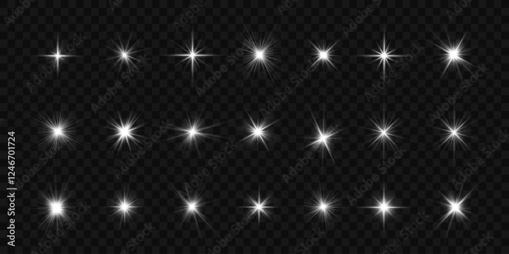 Sunlight, abstract special effect. Light effect set. Isolated white transparent light effect set, lens flare, explosion, dust, line, sun flash, spark and stars, spotlight, curve twirl, png. 