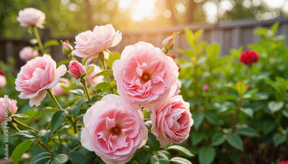 Blooming pink roses in garden during mid-morning light, beauty of nature Blooming pink roses in garden during mid-morning light, beauty of nature