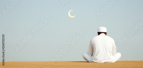 Muslim prayer during sunset, framed by majestic arches. The warm colors evoke peace, spirituality, and a connection to faith. Friday Month Ramadan, and a connection to faith. photo