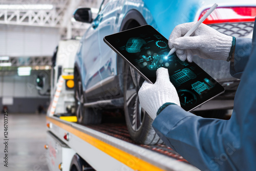 Fotografie A mechanic wearing gloves uses a digital tablet with a futuristic interface to diagnose a car loaded onto a tow truck in a garage