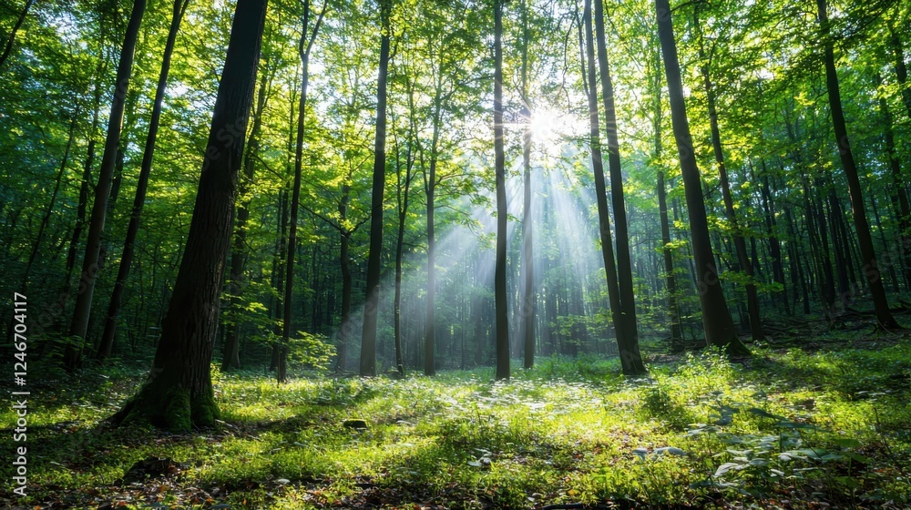 Obraz premium Illuminating sunlight filtering through trees enchanting forest nature scene tranquil environment ground-level viewpoint evoking peace and rebirth