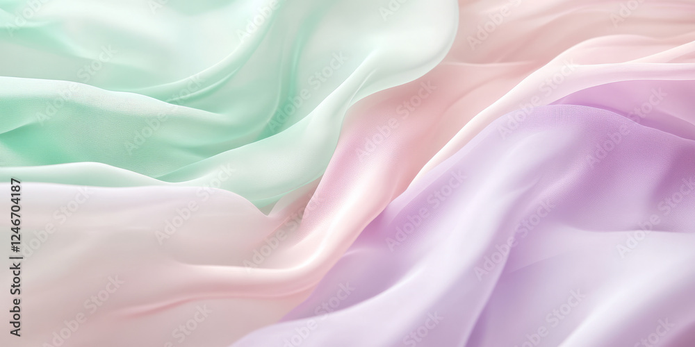 Obraz premium A gentle, pastel abstract background with soft transitions between mint green, light pink, and lavender. The serene tones make it ideal for feminine branding, wedding invitations, or calming website
