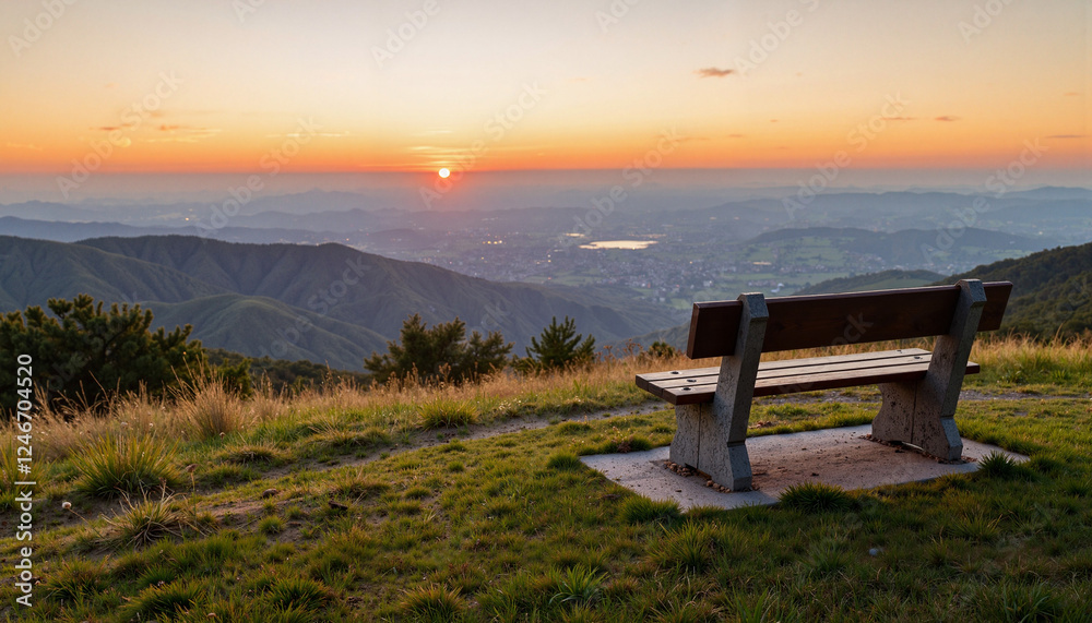 Scenic overlook bench at twilight, peaceful sunset views Scenic overlook bench at twilight, peaceful sunset views