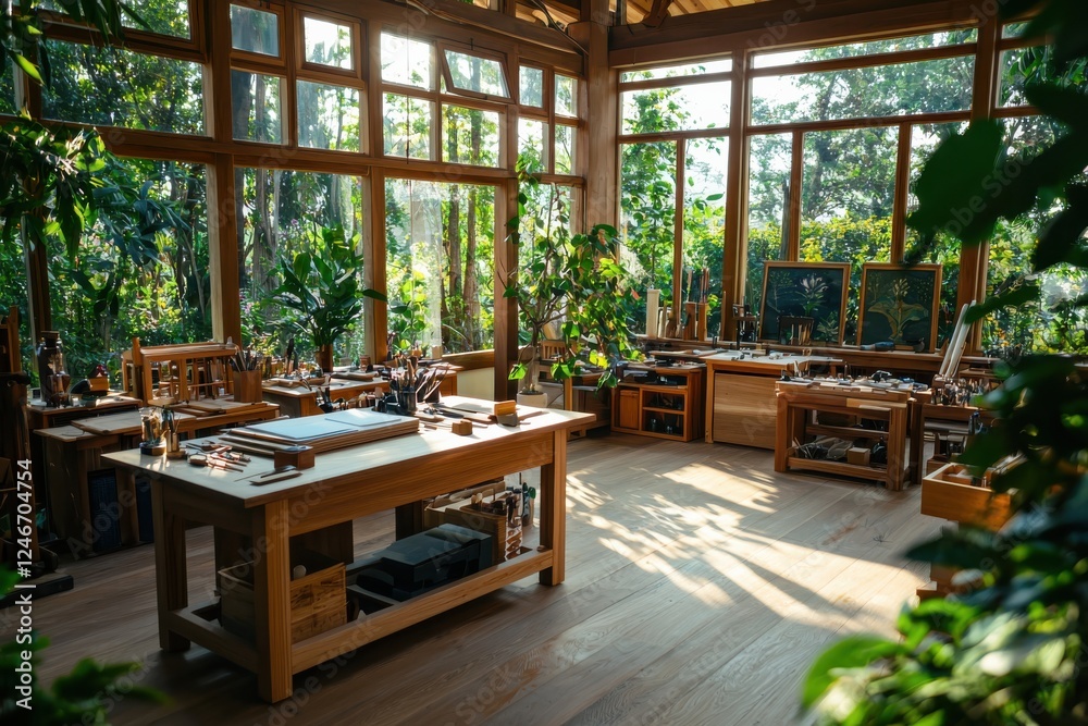Fototapeta premium Artisans crafting folk art in a cozy workshop surrounded by nature emphasizing tradition and creativity