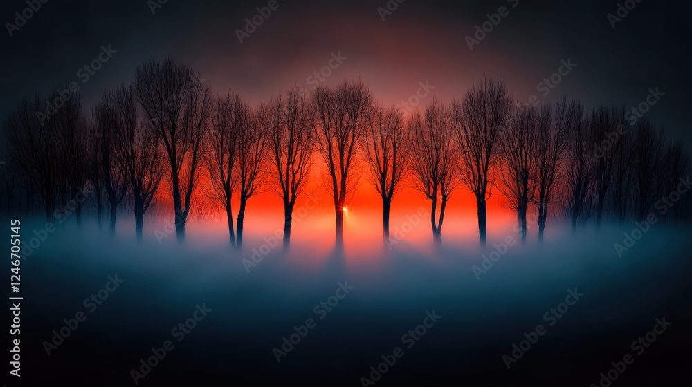Obraz premium A mysterious foggy forest with beams of sunlight piercing through the dense treesphotorealistic portrait
