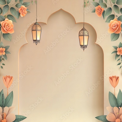 Elegant Islamic Floral Background with Hanging Lanterns and Ornate Arch for Festive and Decorative Designs