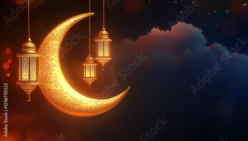 Eid Mubarak and Ramadan Kareem Greeting Card with Islamic Lantern, Moon, and Stars Behind Clouds in Eid al-Fitr Style Background. Generative Ai