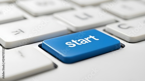 Blue start title key on white keyboard close-up, highlighting technology and modern design photo