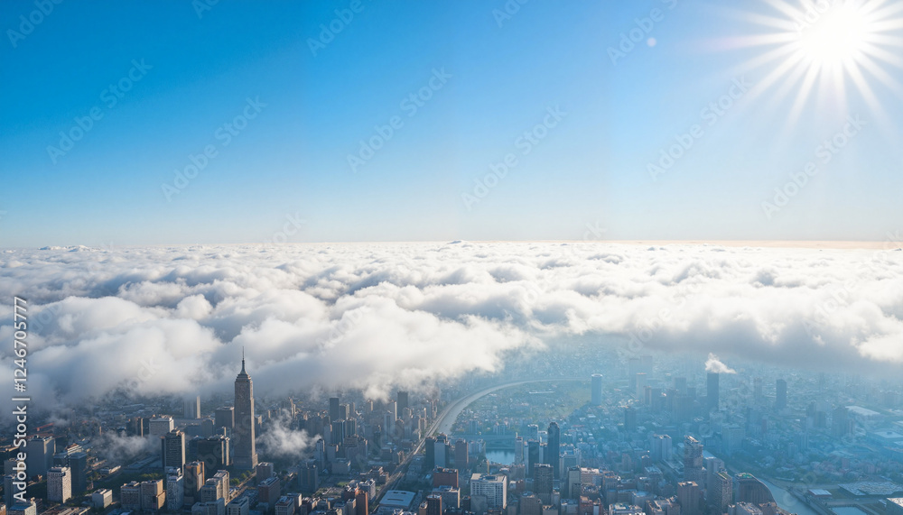 Fototapeta premium Stunning skyline above layered clouds at sunny afternoon, city vibrancy