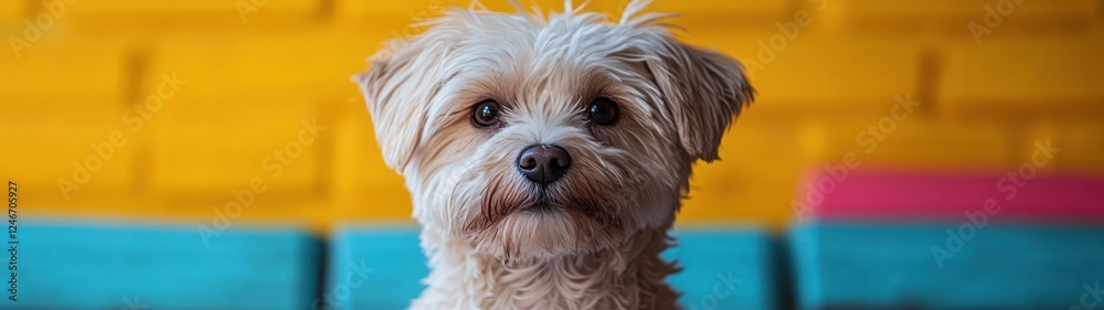 Playful Portrait of a Hungry Dog Licking Lips with Tongue on Vibrant Yellow Background Playful Portrait of a Hungry Dog Licking Lips with Tongue on Vibrant Yellow Background