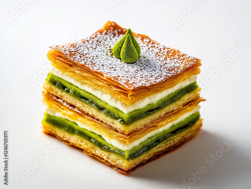 Delikate Millefeuille mit Vanillefüllung und frischem Basilikum

 photo