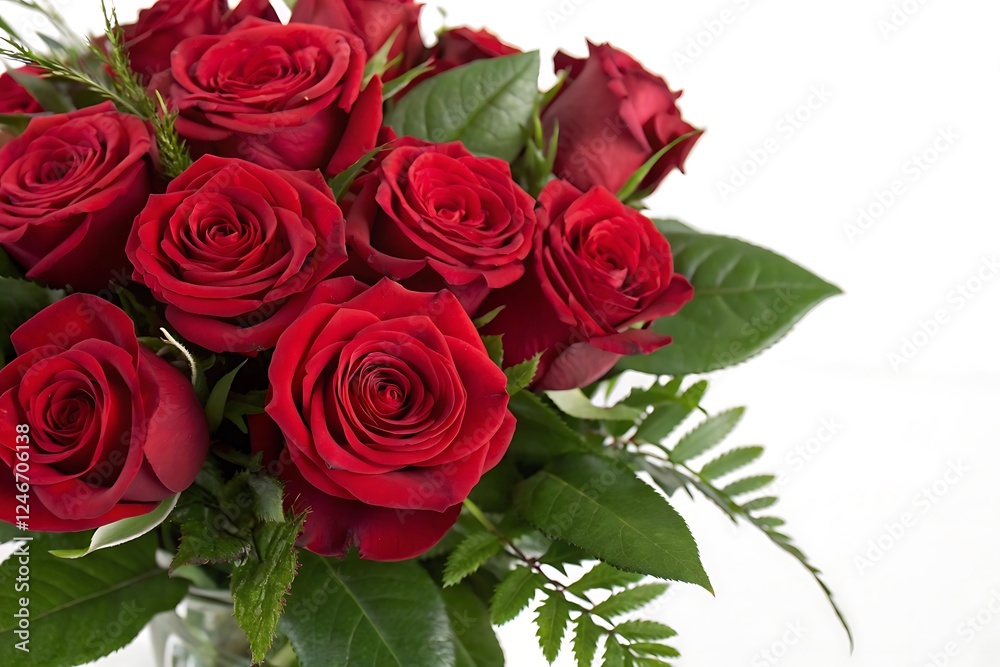 Beautiful vibrant bouquet of red roses and green leaves arranged elegantly in a clear vase joy art Beautiful vibrant bouquet of red roses and green leaves arranged elegantly in a clear vase joy art