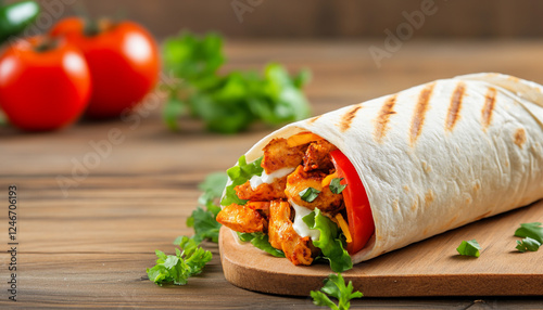 Delicious grilled wrap filled with marinated chicken, fresh vegetables, and sauces. photo