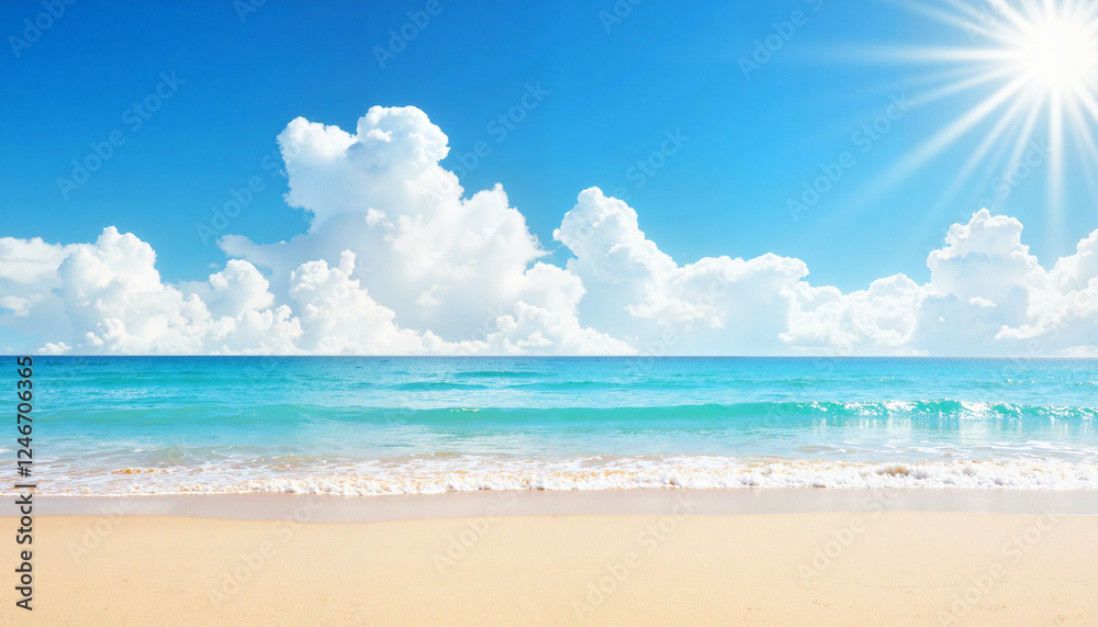 Vivid coastal scene with flowing clouds over sandy beach, natural beauty