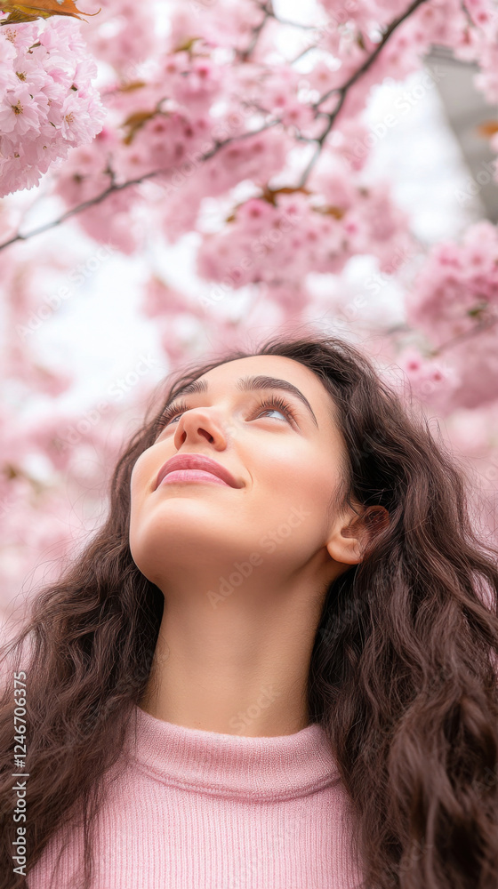 Serenity and beauty of spring: woman admiring cherry blossoms Serenity and beauty of spring: woman admiring cherry blossoms